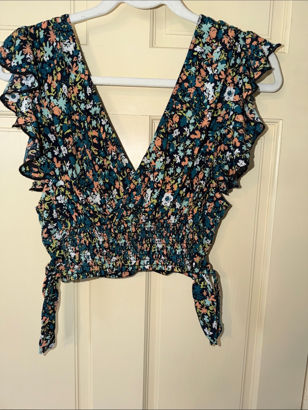 Free People Black Floral Ruffle Tie-Back Crop Top